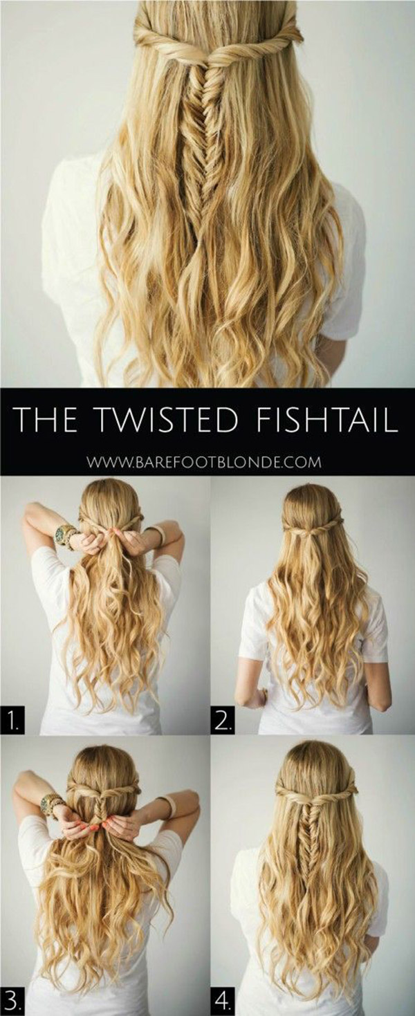 Twisted fishtail half-up and half-down hairstyle