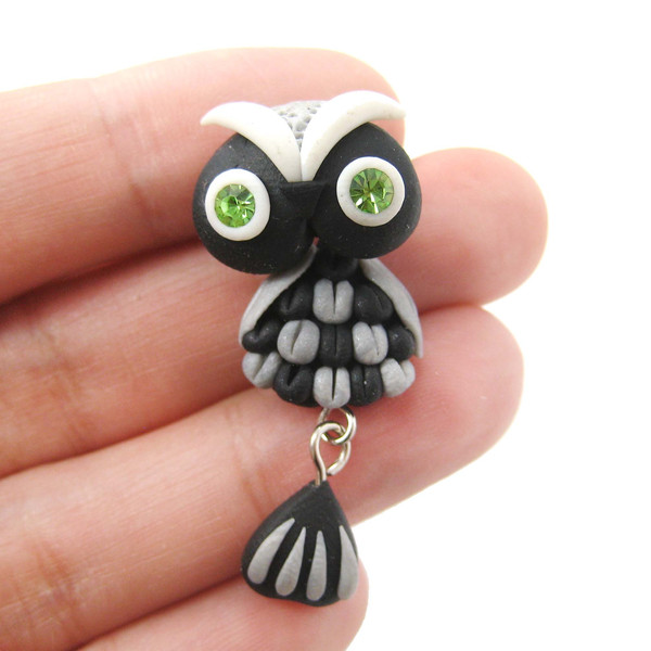 Handcrafted Owl Bird Fake Spec Two Part Polymer Clay Stud Earrings Black Large