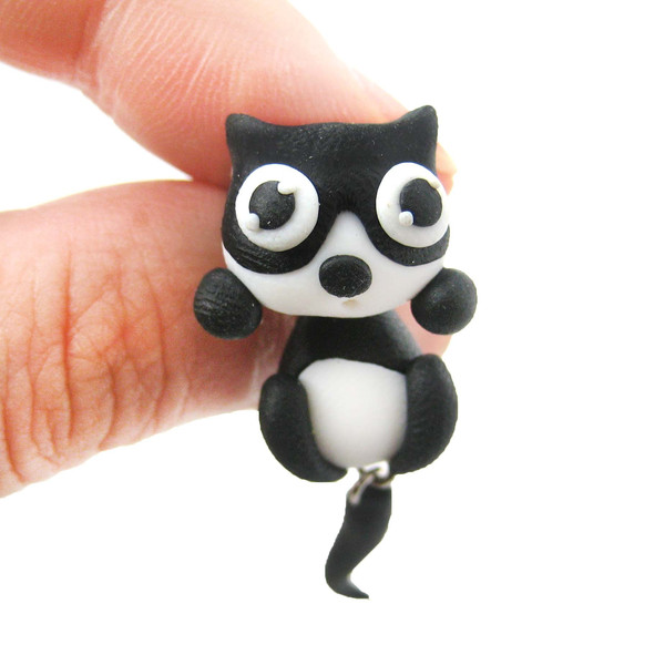 Handmade Kitten Cat Animal Two Part Polymer Clay Stud Earrings Black and White Large