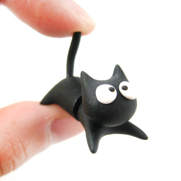 Handmade black kitten cat animal fake instrument clay earrings dotoly_grande