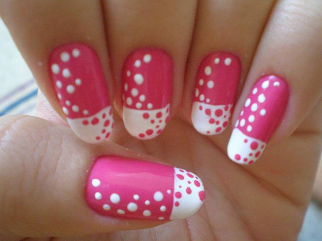 Pink and White Polka Dot Nails