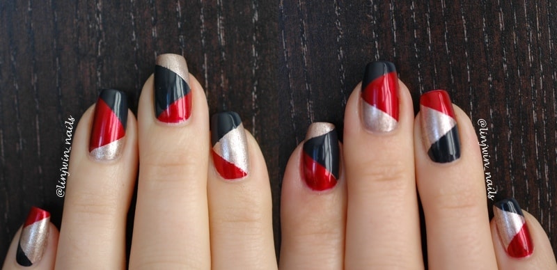 Black, red and silver diagonal manicure