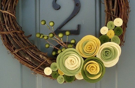 Spring wreath with green felt flowers