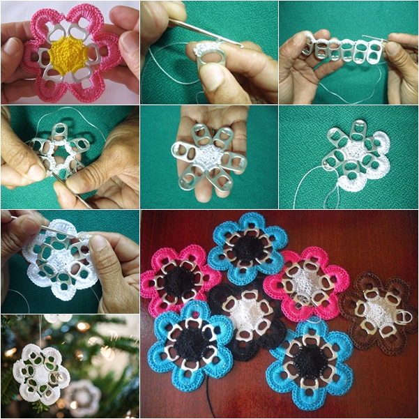 Crochet Tab Pop Ring Flower F11 DIY Soda Can Tab Flowers Five Easy Steps, Thousands of Uses