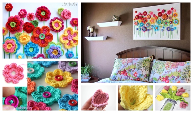 DIY Crochet Button Flower Blossom Wall Art