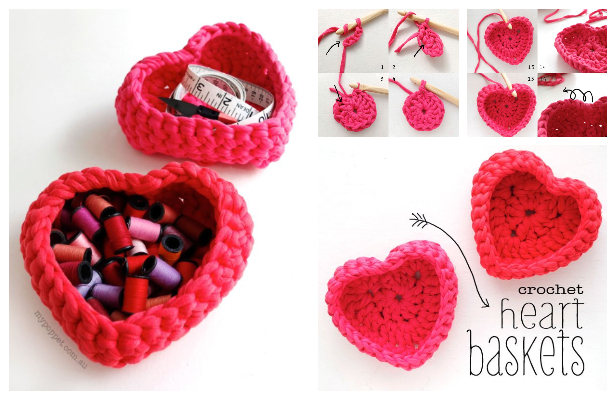 How to Crochet Heart Baskets from Old T-Shirts Two Ways